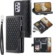 QLTYPRI Mobile Phone Case for Samsung Galaxy A51, Quilted Leather Case, Wallet Case with Wrist Strap for Women, Card Holder, Zip Wallet, Mobile Phone Case, Protective Case - Black-1