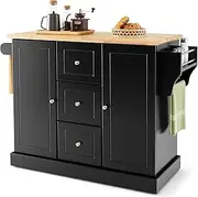 Giantex Kitchen Island Cart, Large Trolley Cart, Large Cabinet, Drawers, Spice Rack, Towel Rack, Rolling Serving Trolley Cabinet, Kitchen Island for Dining Room (Black)