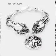 Silver Link Chain Charm Magnetic Clasp Wings Bracelet Spoon Paisley Tree of Life