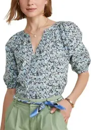 Vineyard Vines Puff Sleeve Button Front Top Women's XS Floral Navy Split Neck