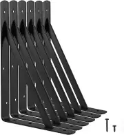 Heavy Duty Shelf Brackets 12 X 8 Inches, 6 Pack Black Metal Shelves Supports, Lo
