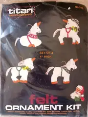 Vtg Titan Needlecraft Felt Christmas Ornaments Kit 4 Happy White Unicorns 4" 533