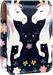 Lipstick Case,Leather Lip Gloss Lipstick Organizer with Mirror,Mini Lipstick Holder Bag,Animal Unicorn and Floral