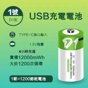 SMARTOOLS 一號電池 1號電池1.5V恆壓 免用充電器 USB TYPE-1號電池2節(綠白包裝