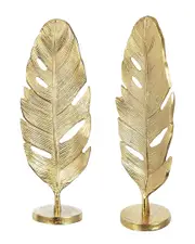 A&B Home Set Of 2 Decorative Gold Leaf Sculpture With Round Pedestal Base