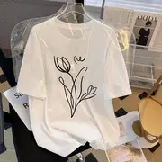 Short-Sleeve Round Neck Flower Print Tee White - XL