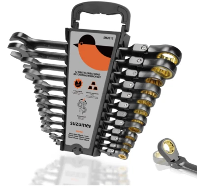 12-Piece (8mm-19mm) Flex Head Ratcheting Wrench Set with 72 Teeth 180° Flex Head