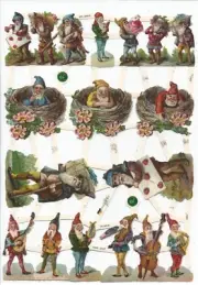 German SILVER GLITTER Vintage Style Scrap Die Cut- Colorful Gnomes EF7423G