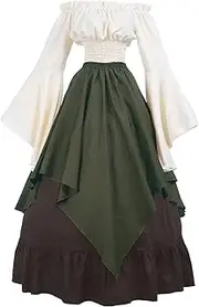 ROLECOS Renaissance Costume Women Medieval Peasant Dress Trumpet Sleeve Victorian Ren Faire Shirt and Skirt, Army Green, Large