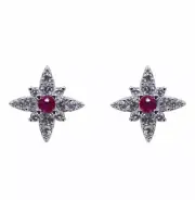 Red cluster stud earrings, solid Sterling Silver, Cubic Zirconia. Star, box.