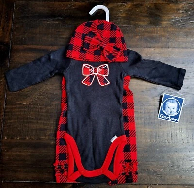 NWT Gerber Baby Girl Buffalo Plaid Black/Red Onesie/Pant/Hat Set Size 0-3 Months