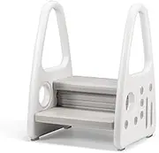 2-Step Toddler Step Stool for Bathroom Sink, Kids Toilet Potty Training, Bed & Kitchen Counter Use, Non-Slip Double-Height Toddler Tower with Handle (White-Grey)