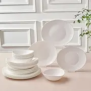 Karaca White Pure Glass Dinner Set with Dinner Plate, Deep & Cake Plates & Cereal/Soup Bowls - Plates and Bowls Set for 6 People - 24 Piece Dinnerware Sets (White)