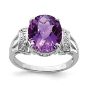 Sterling Silver Rhodium Oval Checker-Cut Amethyst u0026 Diamond Gemstone Birthstone Ring Fine Jewelry Gift for Her