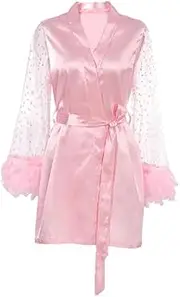 [Generic] Luxury Pink-Feather Trim Silk Robe - Women's Summer Satin Wedding Nightgown With Mesh Detail