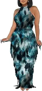 [YUEWOO] 2 Piece Outfits for Women Sexy Crop Top Ruched Bodycon Maxi Dresses Fringe Skirt Sets Night Club Jumpsuits