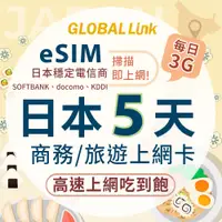 在飛比找蝦皮商城優惠-GLOBAL LINK 全球通 eSIM 日本5天上網卡 每