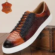 Men's Sneakers Crocodile Pattern Walking Casual Leather Italian Full-Grain Cowhide Slip Resistant Lace-up Yellow-Brown Fall