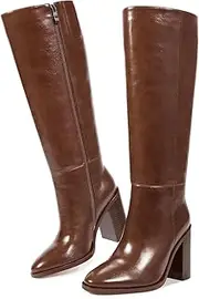 ISNOM Knee High Boots Women Almond Toe Chunky Boots for Women Tall Boots with Full Side Zipper High Heel Long Boots