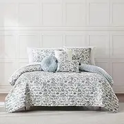 Lush Decor Lillian Block Print Reversible Quilt 6 Piece Set King/Cal King Blue & Sage - Floral Bedding Set with Pillows - Block Print Quilt - Vintage Decor