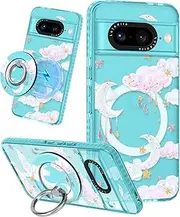 [Lotadilo] Cute for Google Pixel 8 Case - Compatible with Magsafe Magnetic Ring Holder Stand Kickstand for Women Girls Girly Funny Fashion Pretty TPU Phone Covers Moon Design