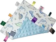 Lovey Dinosaur Security Blanket for Baby - Soft Plush Sensory Toy Comfort Appease Towel with Minky Dot Fabric - Small Taggy Blanket, No Crinkle Paper - Light Blue