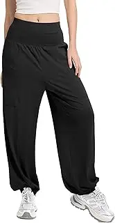 [Mintreus] Women's Harem Pants, High Waist Boho Palazzo Trousers with Front Pockets Summer Hippie Pants 2025, Black, Medium