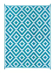 Teal and White Aztec Foldable Large Patio Outdoor Rug Camping Mat - 270 x 270 cm - Weatherproof Rug, Recycled Plastic, Sustainable, Eco Friendly UV Resistant, Durable Outdoor, Patio Rug