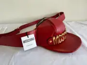 AW20 Moschino Couture Jeremy Scott RED LEATHER HAT SHAPED FANNY PACK GOLD LOGO