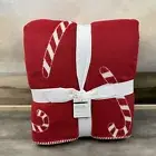 Pottery Barn Candy Cane Jacquard Sherpa Back Throw 60”x60” Red Ivory NWT