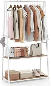 Giantex Clothes Rack w/ 2 Shelves & S Hooks, Home Freestanding Clothes Rack w/Heavy-duty Metal Frame, Portable Clothes Hanging Rod, Industrial Storage Shelf for Bedroom, Living room (Black + Natural)