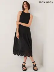 Monsoon Black Fable Broderie Drop Waist Midi Dress (H60134) | $159