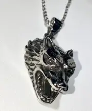 Angry Wolf Head Roar Hunting Wild Animal Face Pendant Silver Rope Chain Necklace