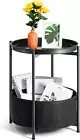 Small Side Table, Black round End Table with Storage Basket, Metal Night Stand w