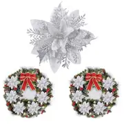 12Pcs Christmas Glitter Poinsettia Artificial Flower with Clip and Stem-Silver