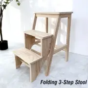 3-Step Folding Wooden Step Stool Portable Kids Adults Stool Ladder Home Stool