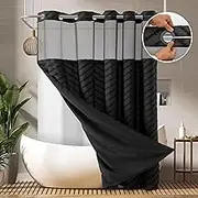 Extra Long No Hooks Shower Curtains, 98 Inches Long Boho Tufted Chevron Striped Fabric Shower Curtain for Bathroom with Snap in Liner, Water Resistant Shower Curtain Set, Black, 72x98