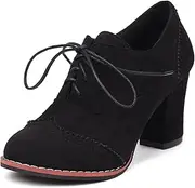 [IKOFLYE] Women Wingtip Perforated Oxford Shoes Round Toe Office Walking Block HeelLace Up Chunky Heel Saddle Shoes