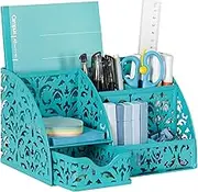 EasyPAG Elegant Floral Desk Organizer with Sliding Drawer - 6 Compartments Metal Desktop Caddy, Decorative Hollow Flower Design, Anti-Scratch Pads for Home, Office, School, Dark Teal