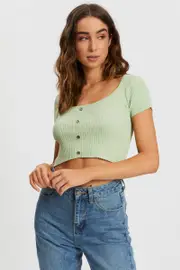 Green Short Sleeve Rib Knit Scoop Neck Button Detail Cro - Size M, Women's Crop Knitted