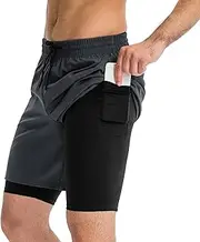 XECRDP Men 2 in 1 Running Shorts Breathable Quick Dry Workout Active Shorts with Phone Pocket for Basketball Traning Running Grey