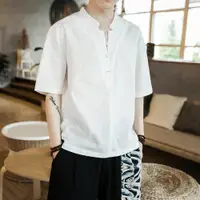 在飛比找ETMall東森購物網優惠-純白色V領短袖男款亞麻中國風夏裝男士T恤潮牌大碼盤扣上衣服半