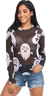 [RPLIFE] Ghosts Black Long Sleeve Fishnet Top, Sheer Sleeve Tops for Women S-XXL