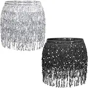 [SATINIOR] Sequin Fringe Skirts Belly Dance Skirt Festival Tassel Skirt Hip Scarf Wrap Outfit Costumes for Women and Girls