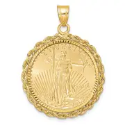 14K Yellow Gold Wideband Distinguished Coin Jewelry 14Ky Diamond-Cut Rope Prong Mounted 1/4Oz American Eagle Bezel Pendant