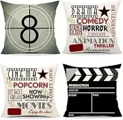 4TH Emotion Home Movie Theater Pillow Covers Set of 4 18x18 Inch, Vintage Movie Room Accessories, TV Room Decorations, Retro Cinema Throw Cushion Case for Sofa Couch