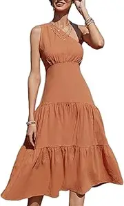 [SHINsuke] Women Summer Flowy One Shoulder Midi Dress Sexy Casual Ruffles Long A Line Swing Pleated Tiered Sundress Beach Holiday