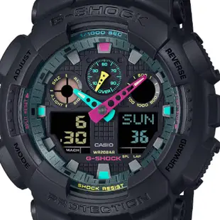 CASIO 卡西歐(GA-100MF-1A)G-SHOCK 酷炫霧面黑 螢光色點綴 大錶殼雙顯錶