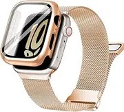 [Ocaer] Compatible with Apple Watch Band 41mm with Case, Metal Magnetic iWatch Band with Screen Protector for 41mm Apple Watch Series 9 8 7, Stainless Steel Mesh Milanese Loop Women Men(Rose gold,41mm)
