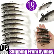 10Pcs Soft Plastic Lures Poddy Mullet Flathead Jig Head Barra Cod Fishing Tackle